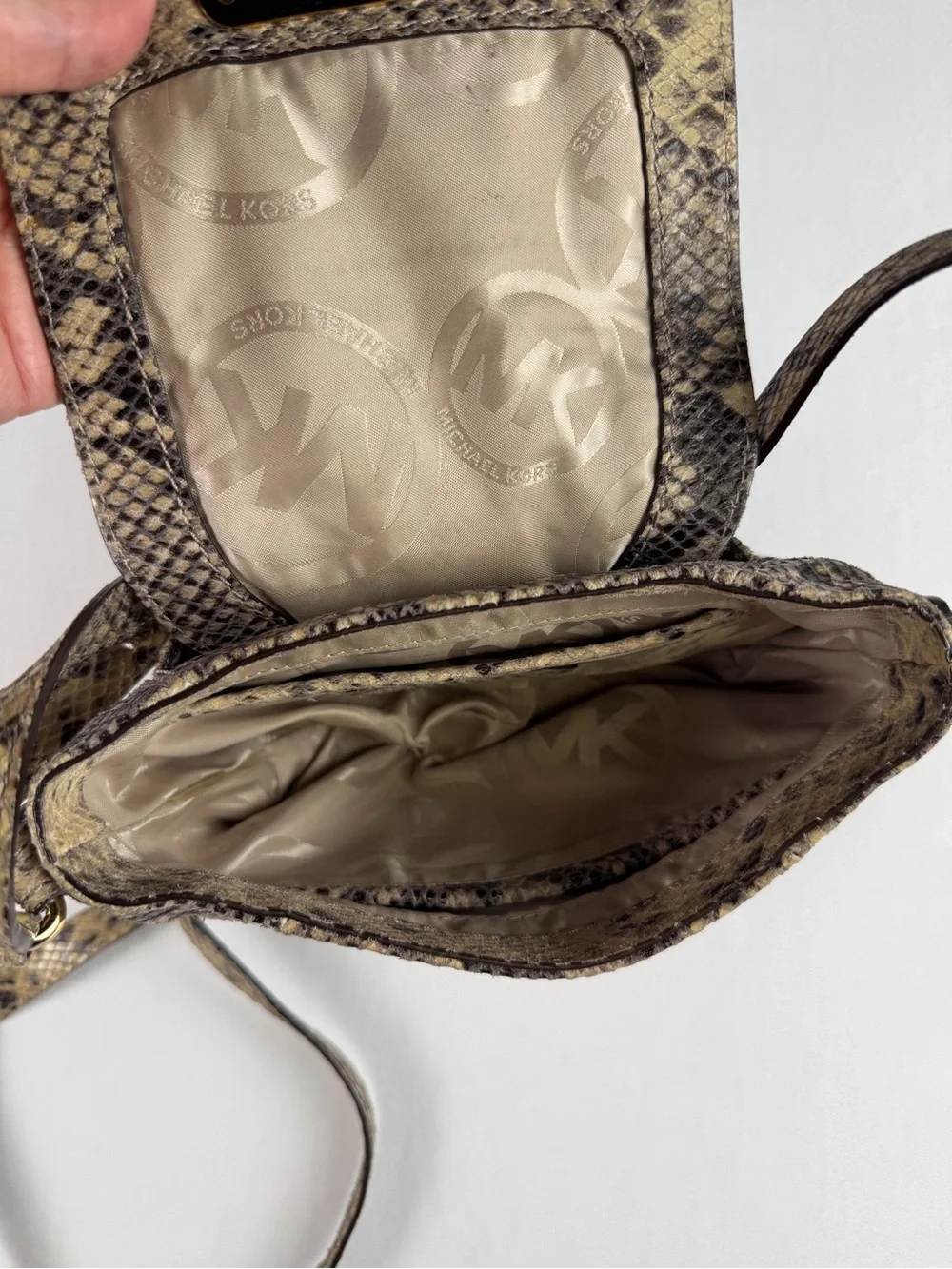 Michael Kors Snake-Print Crossbody in Beige and Brown with Gold Hardware Classy